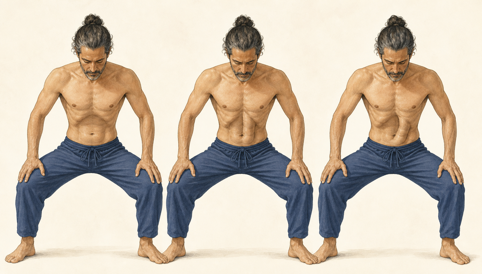 Three views of the same practitioner show an abdominal hollow, a central abdominal column, and a controlled lateral isolation in a stable bent-knee stance.