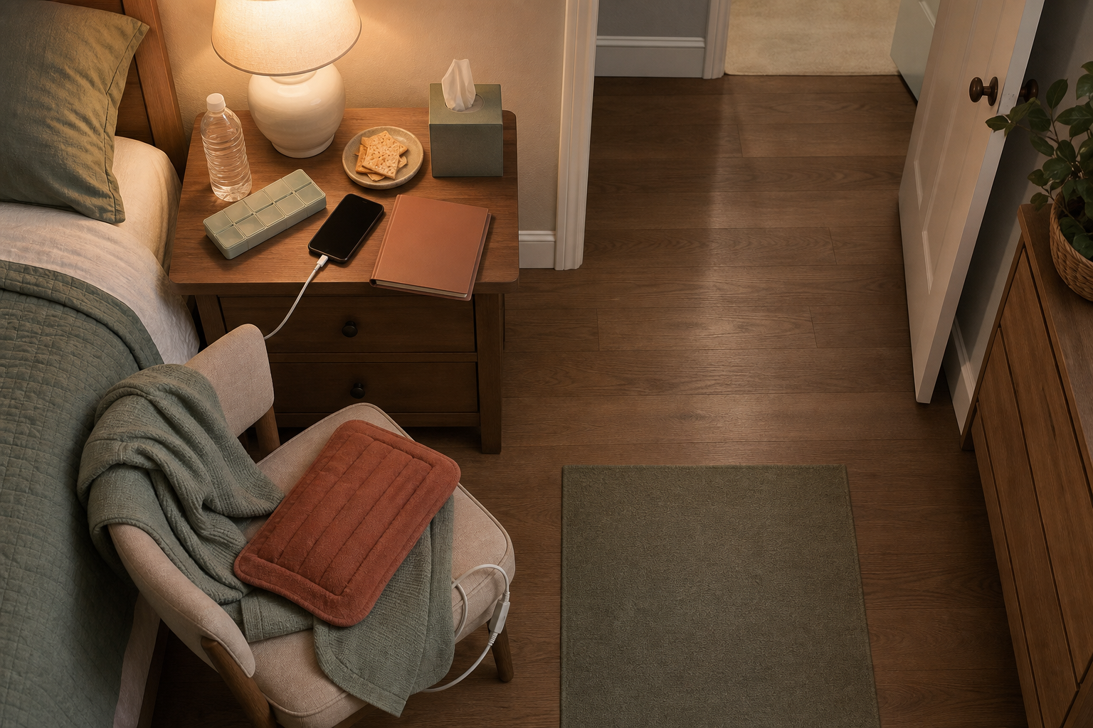 A bedside area is prepared with water, medicine, a snack, phone, heat pack, tissues, soft clothing, and a closed medical folder.