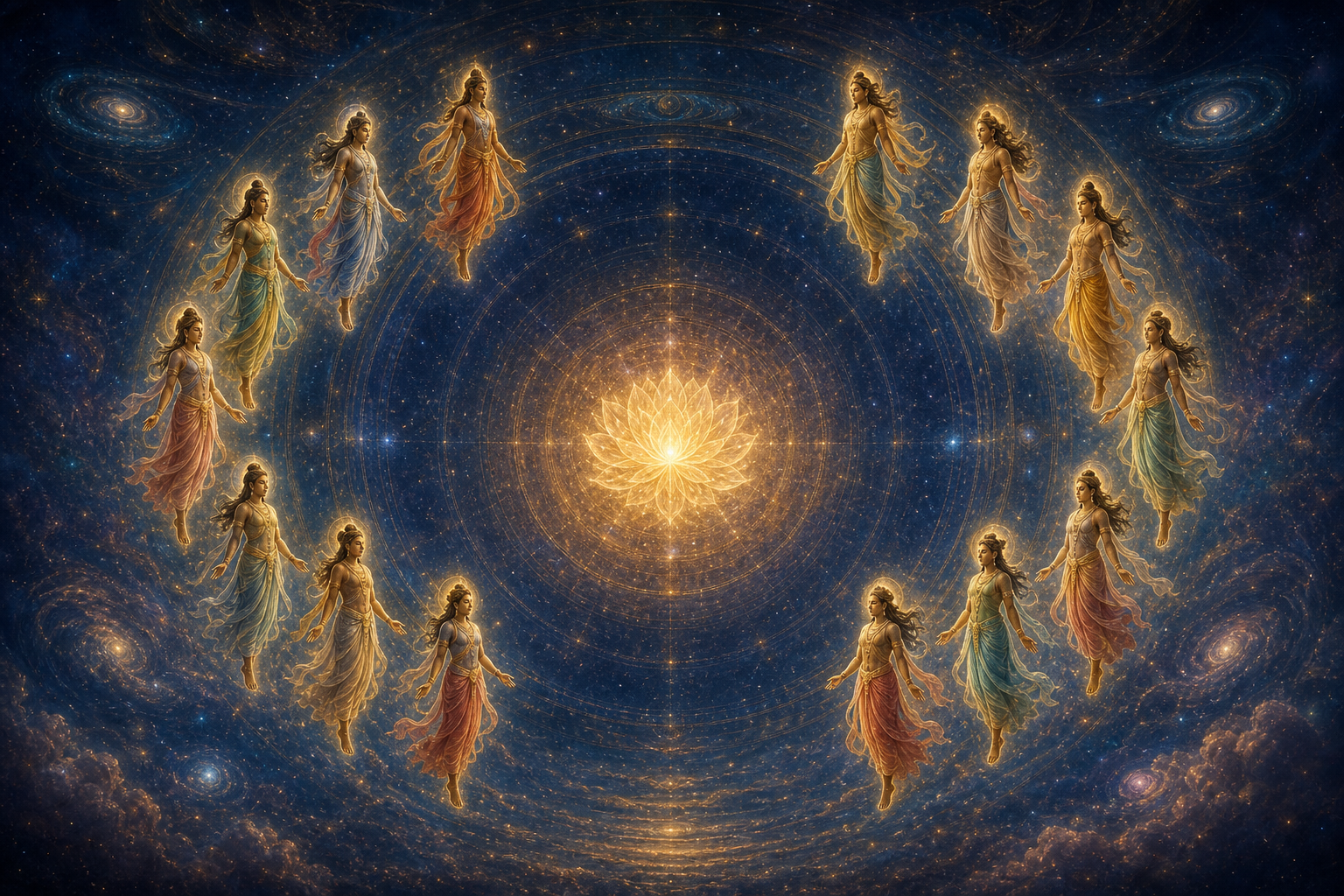 Fourteen luminous celestial figures form a circle around a radiant lotus-like center in a layered indigo and gold cosmos.