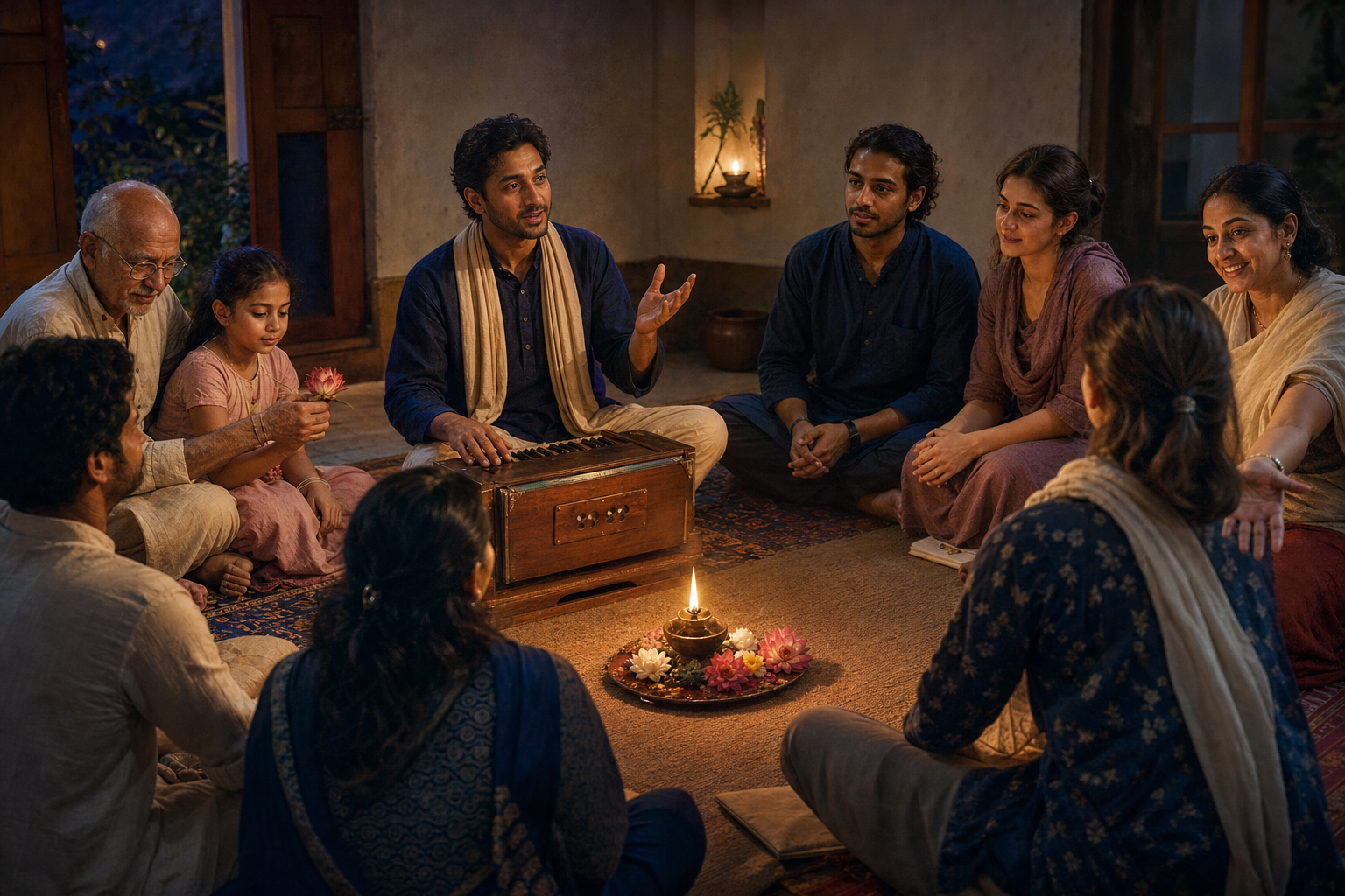 A small kirtana circle listens, learns, sings, and makes a flower offering together by lamplight.