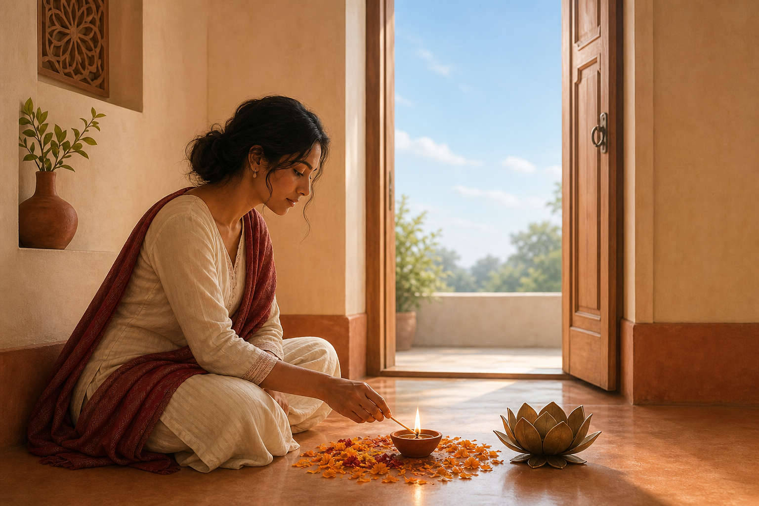 An anonymous woman freely lights a diya in a quiet home prayer alcove beside an open doorway.