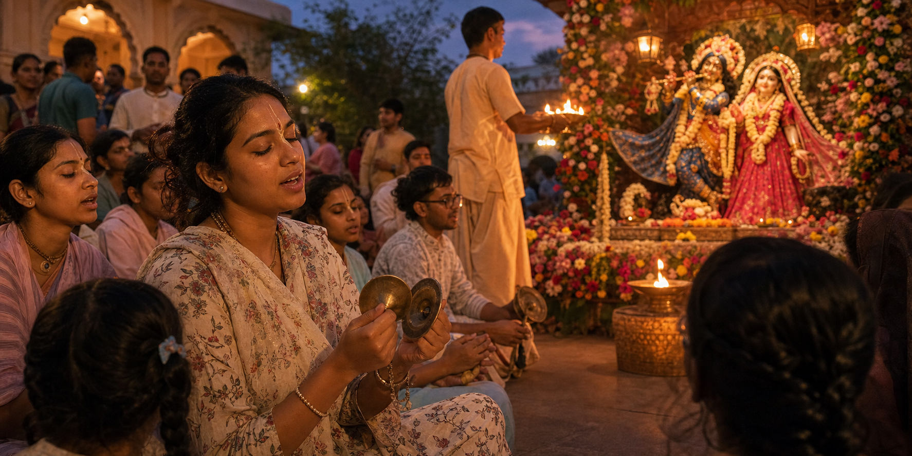 A devotee plays small brass cymbals during an evening kirtan while others sing and offer a lamp in a temple courtyard.