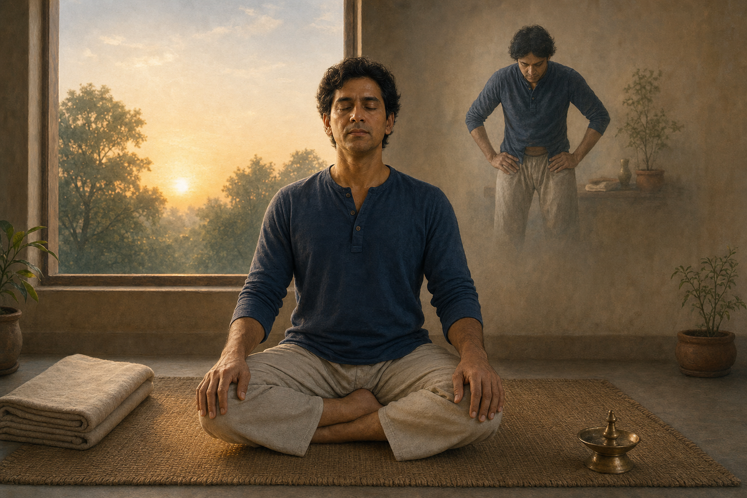 A practitioner meditates at dawn in a simple practice room, with a subtle background vignette of the Nauli stance as one part of a wider routine.