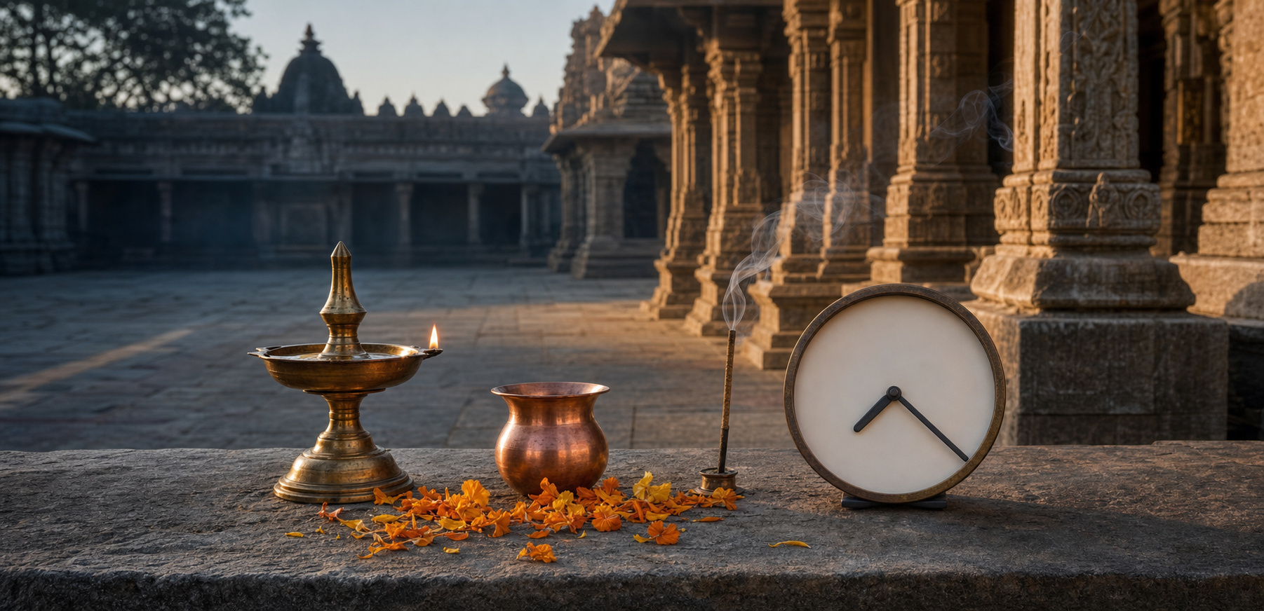 Brass worship items and an unnumbered analog clock sit in morning light in a Hindu temple courtyard.