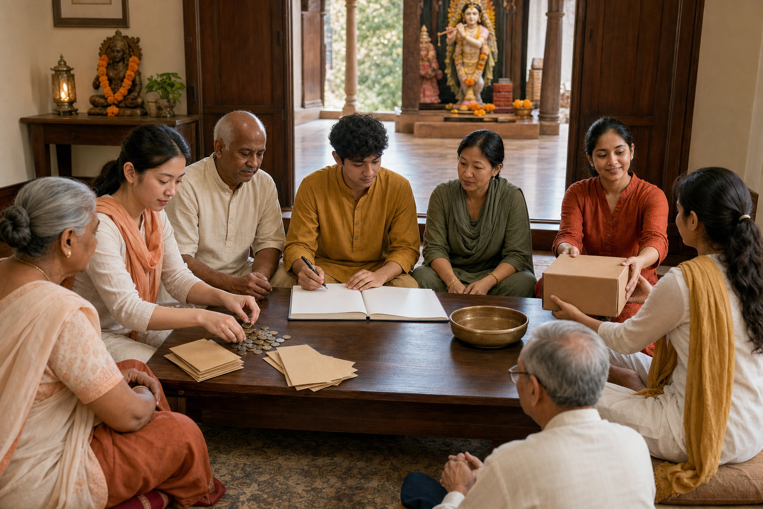 Community volunteers review donations, records, supplies, and feedback together in an open temple meeting room.