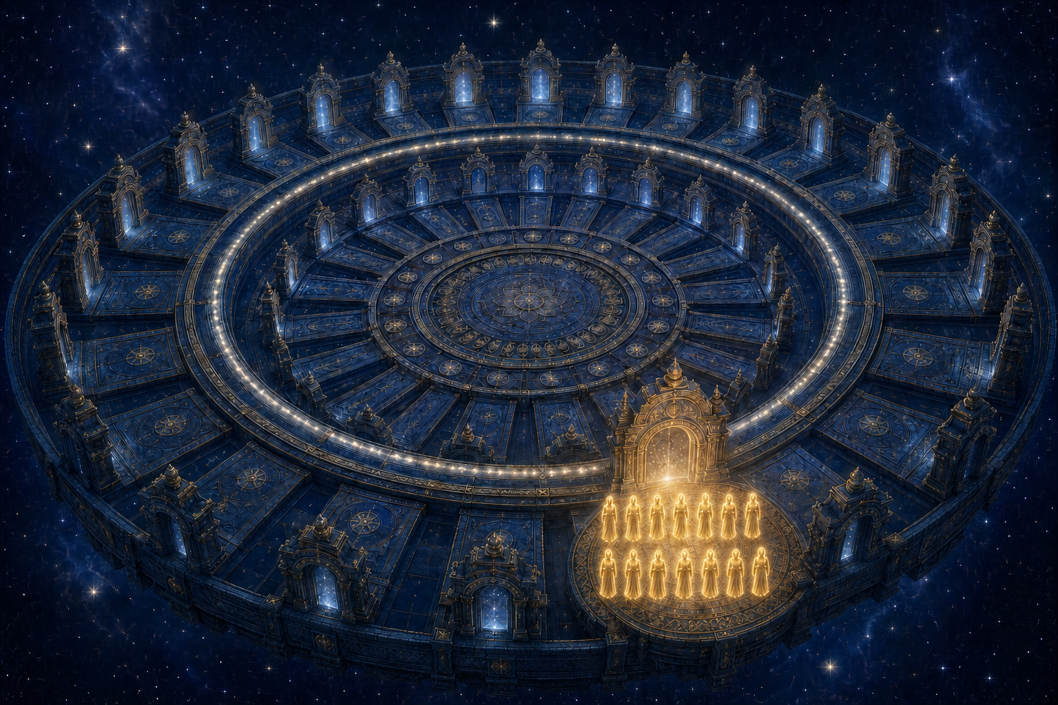 A layered celestial wheel shows one golden cosmic era containing a group of fourteen luminous figures.