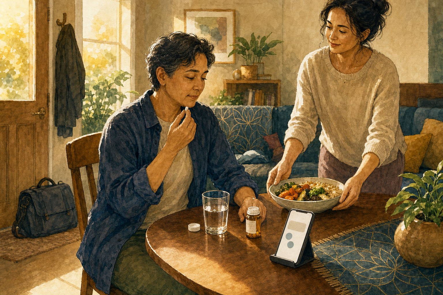 An adult takes medicine during a home medical call while a supportive person places a prepared meal nearby and a work bag remains by the door.