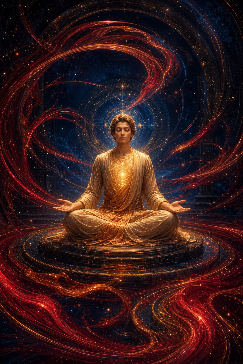 A calm seated celestial figure remains still as crimson and copper currents spiral through a dark blue chamber.