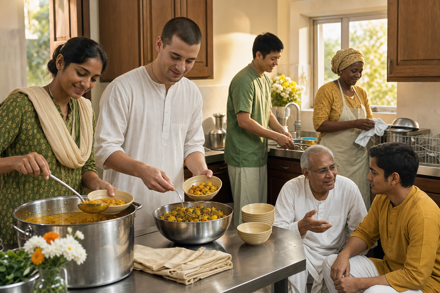 An intergenerational group of devotees shares cooking and cleanup tasks in a community kitchen while one volunteer rests and talks with an older devotee.