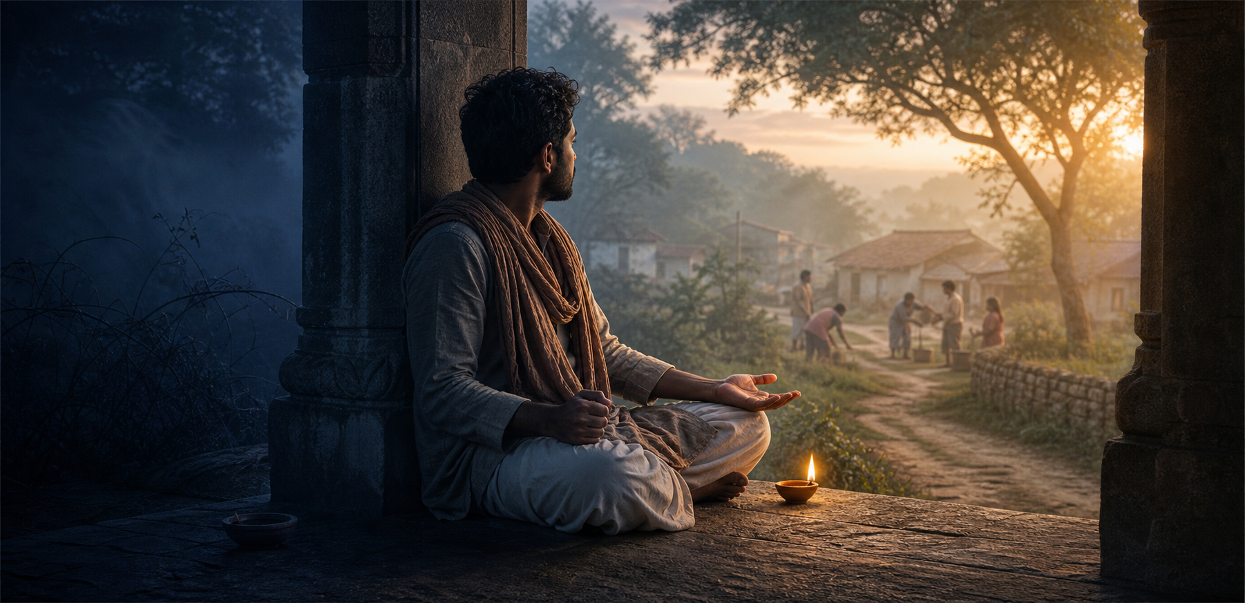 A contemplative person sits at a stone pavilion between mist and sunrise, with a clenched hand in shadow and an open palm beside a glowing clay lamp.