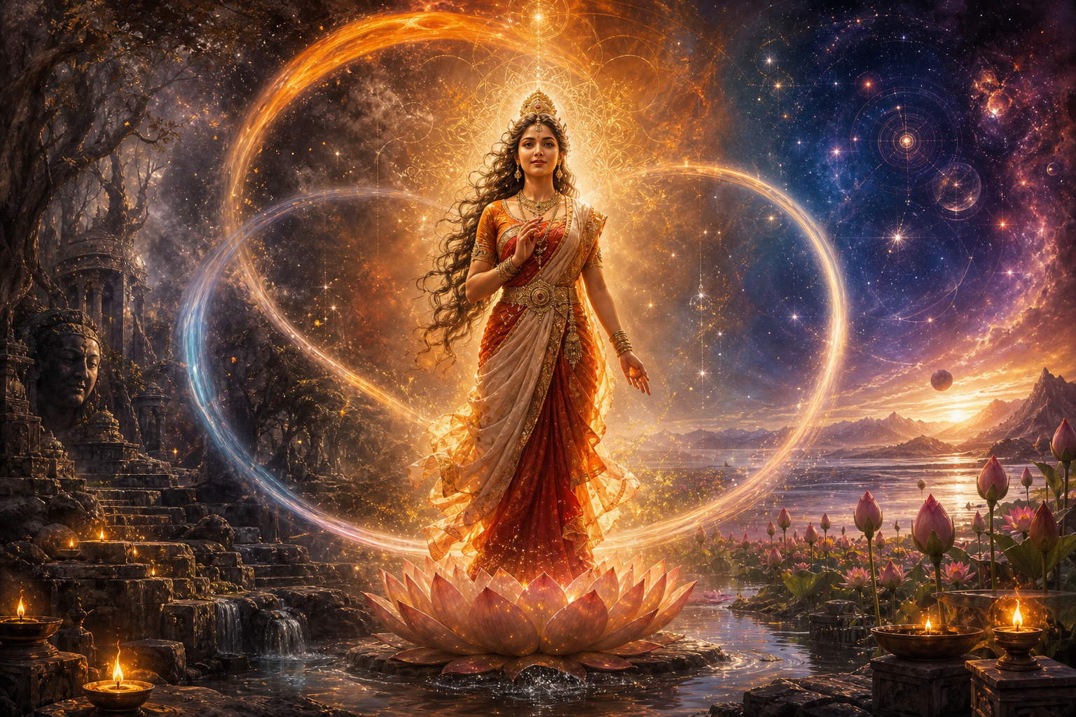 A symbolic divine feminine figure stands within three arcs of light, surrounded by imagery of memory, the present moment and the emerging future.
