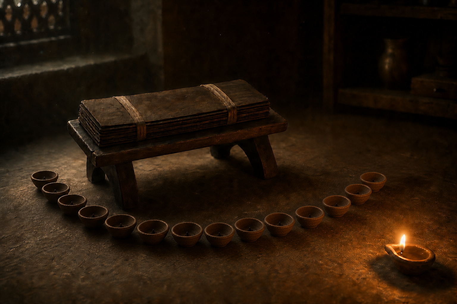 A closed palm-leaf manuscript bundle sits on a wooden stand beside an arc of fourteen unlit clay lamps.