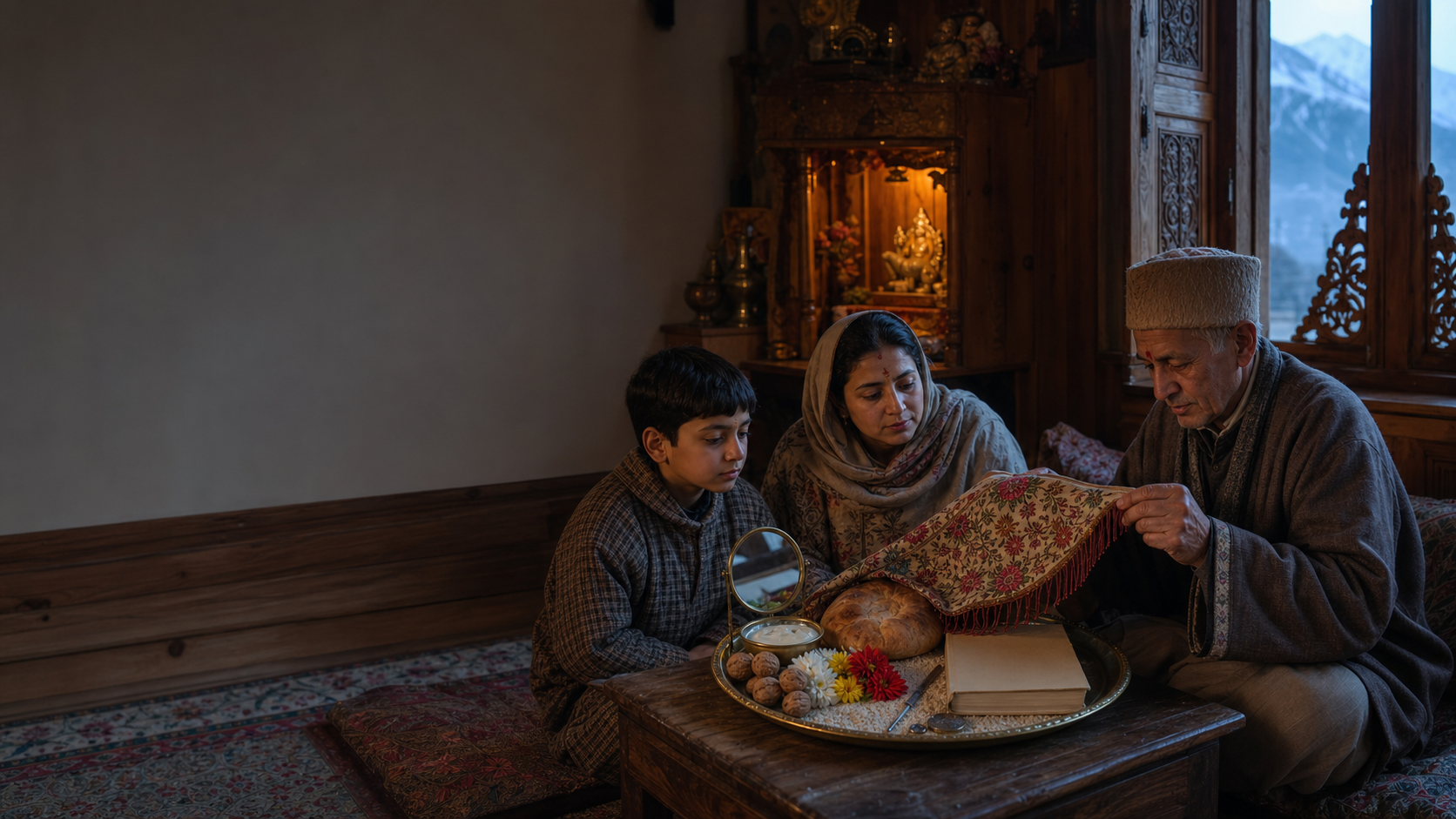 A Kashmiri Hindu family gathers at dawn as an elder uncovers a Navreh thaal containing rice, walnuts, yogurt, bread, flowers, a mirror and other household symbols.