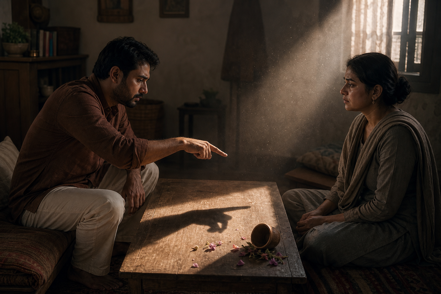 Two adults sit after an argument as a pointing hand casts a large shadow across the table and one person begins to show regret.