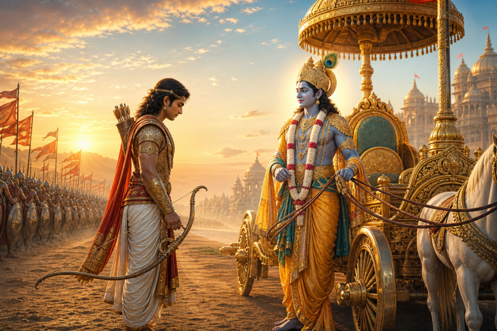 Krishna guides Arjuna beside a golden chariot at dawn before a distant army