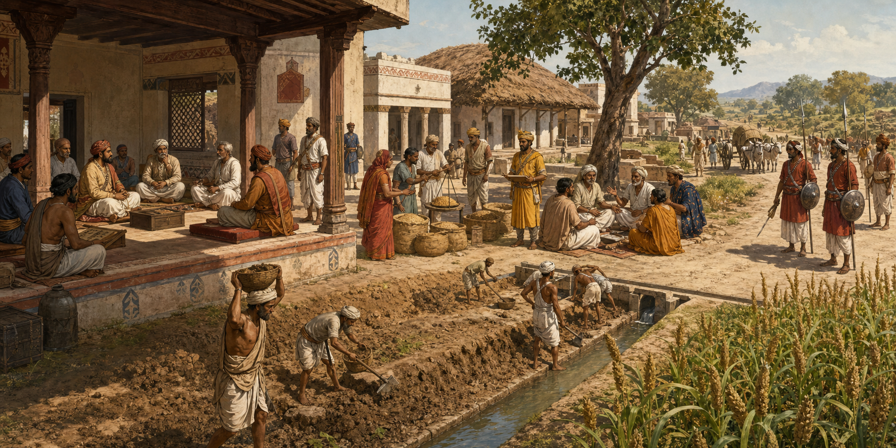 A royal council connects visually to officials distributing grain, mediators hearing a dispute, workers repairing an embankment, and guards protecting a market road.