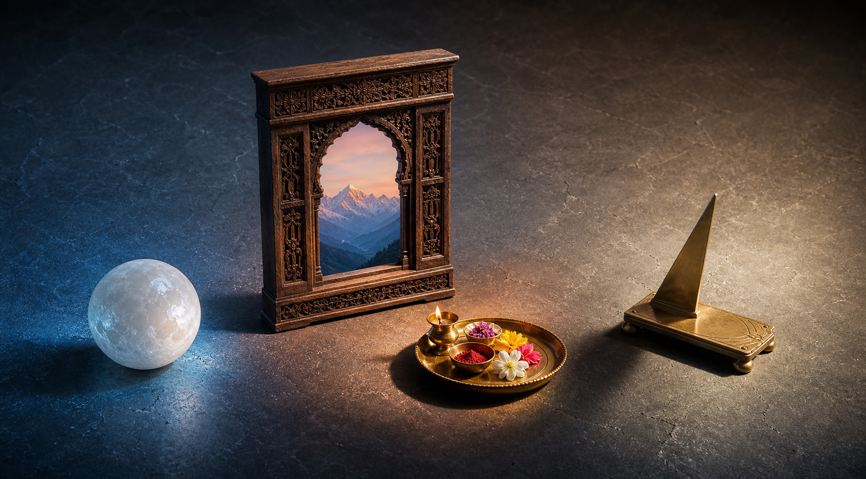 A lunar sphere, a carved window, a ritual thaal and a brass gnomon sit in overlapping pools of predawn, dawn and morning light.