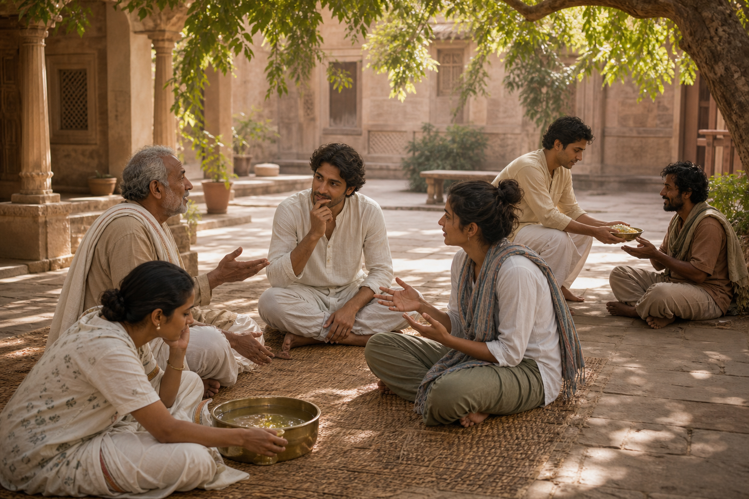 People gather in a shaded courtyard to listen, reflect, discuss as equals, and share food with a visitor.