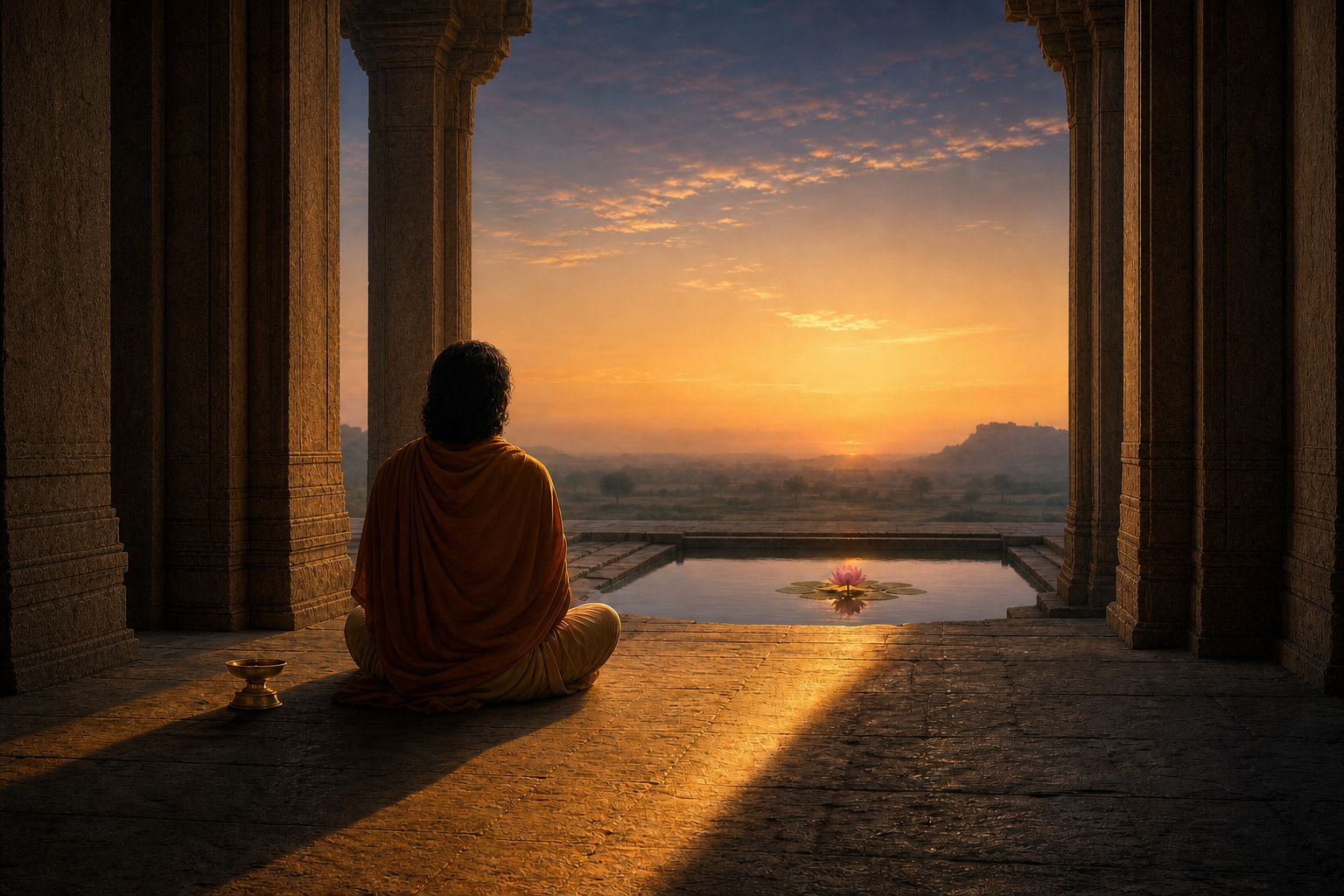 A spiritual seeker sits at the threshold of a stone temple as sunrise illuminates a still basin and flowering lotus outside.