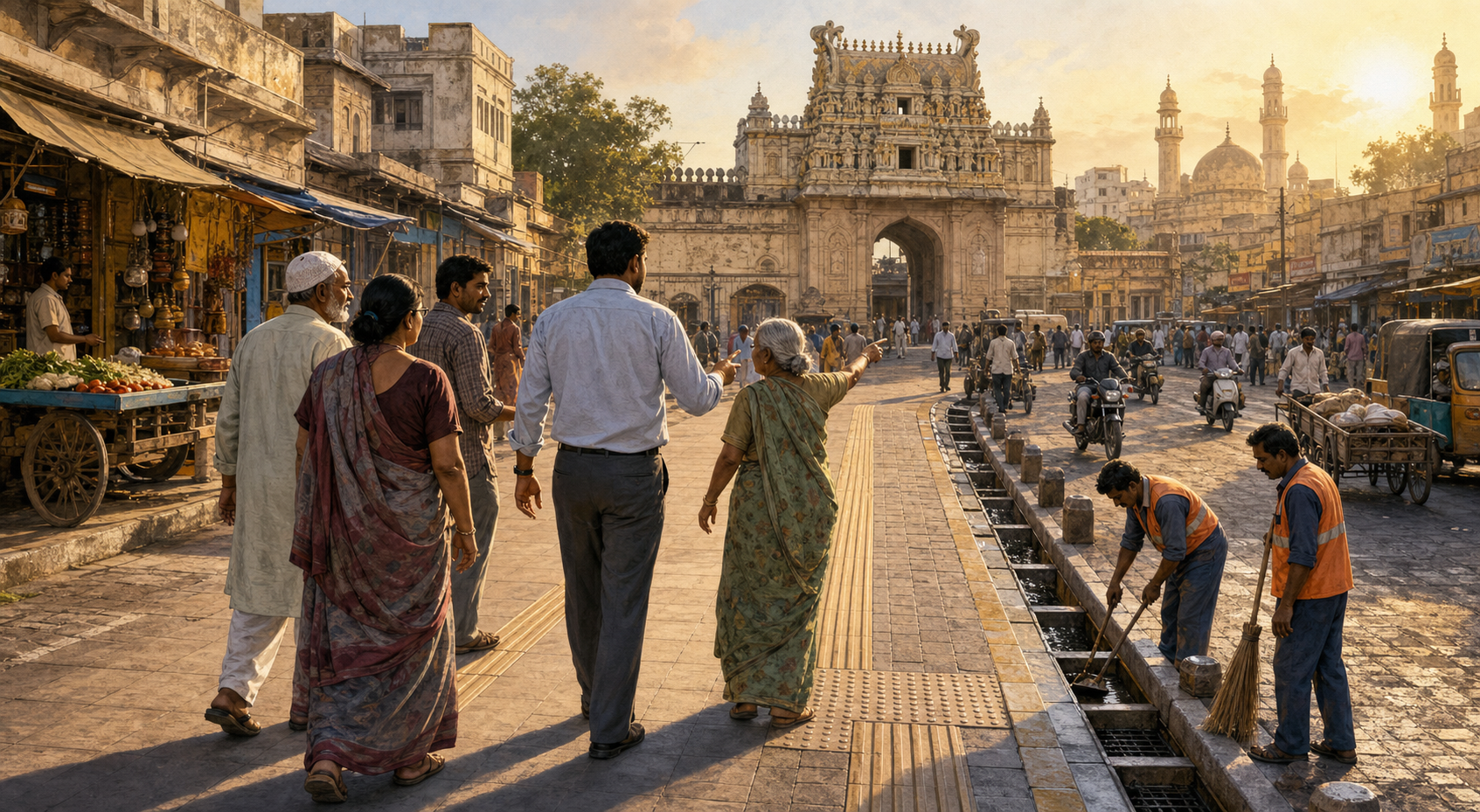 Residents and a non-identifiable civic representative walk through a historic Hyderabad market near a temple gateway, repaired paving, shops, and sanitation workers at sunrise.