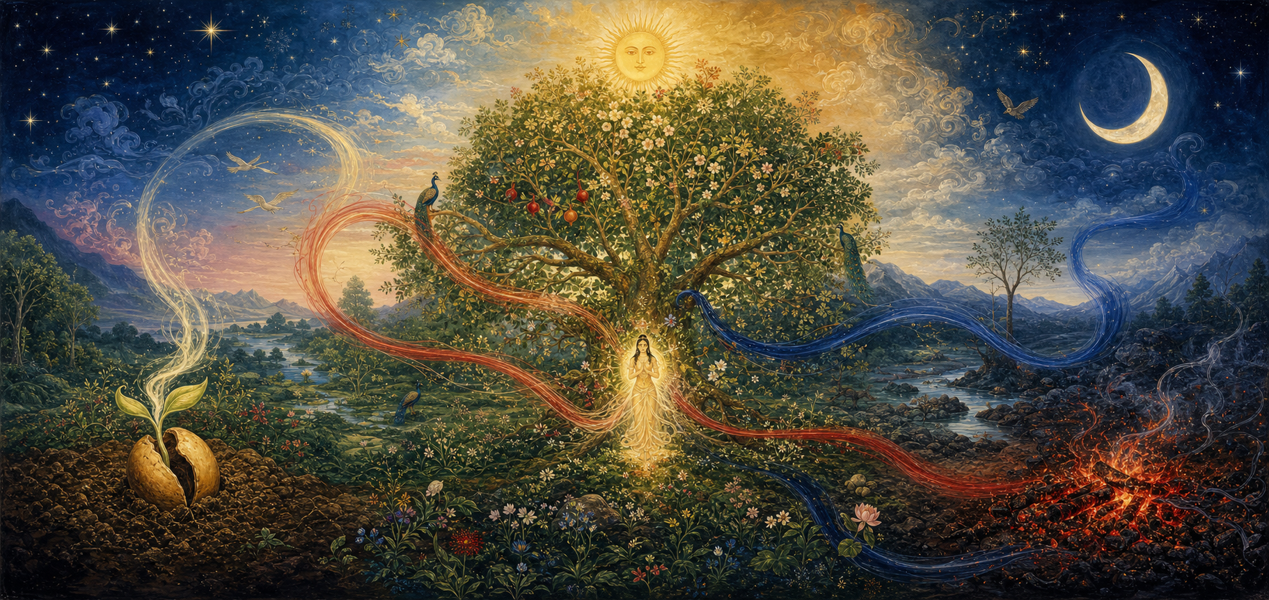 A continuous landscape combines a predawn sky, midday sun and moonlit night with a seed, mature tree and embers, all crossed by three colored currents.