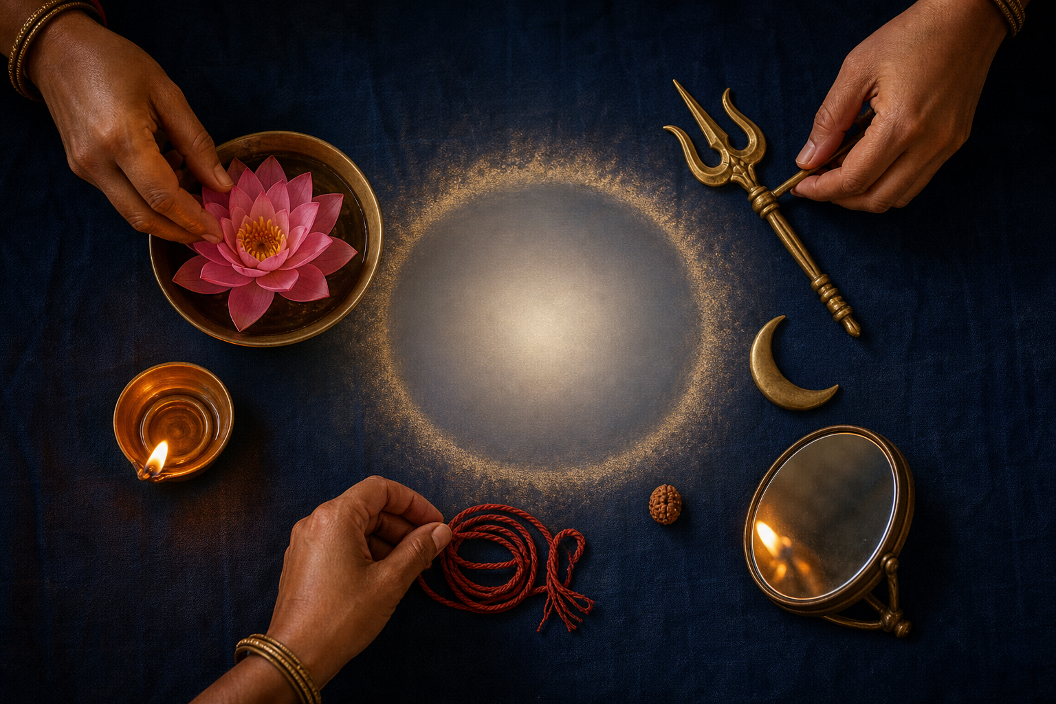 Three hands arrange a lotus, lamp, ritual emblem, thread, crescent, seed and mirror around an empty luminous circle on an altar cloth.