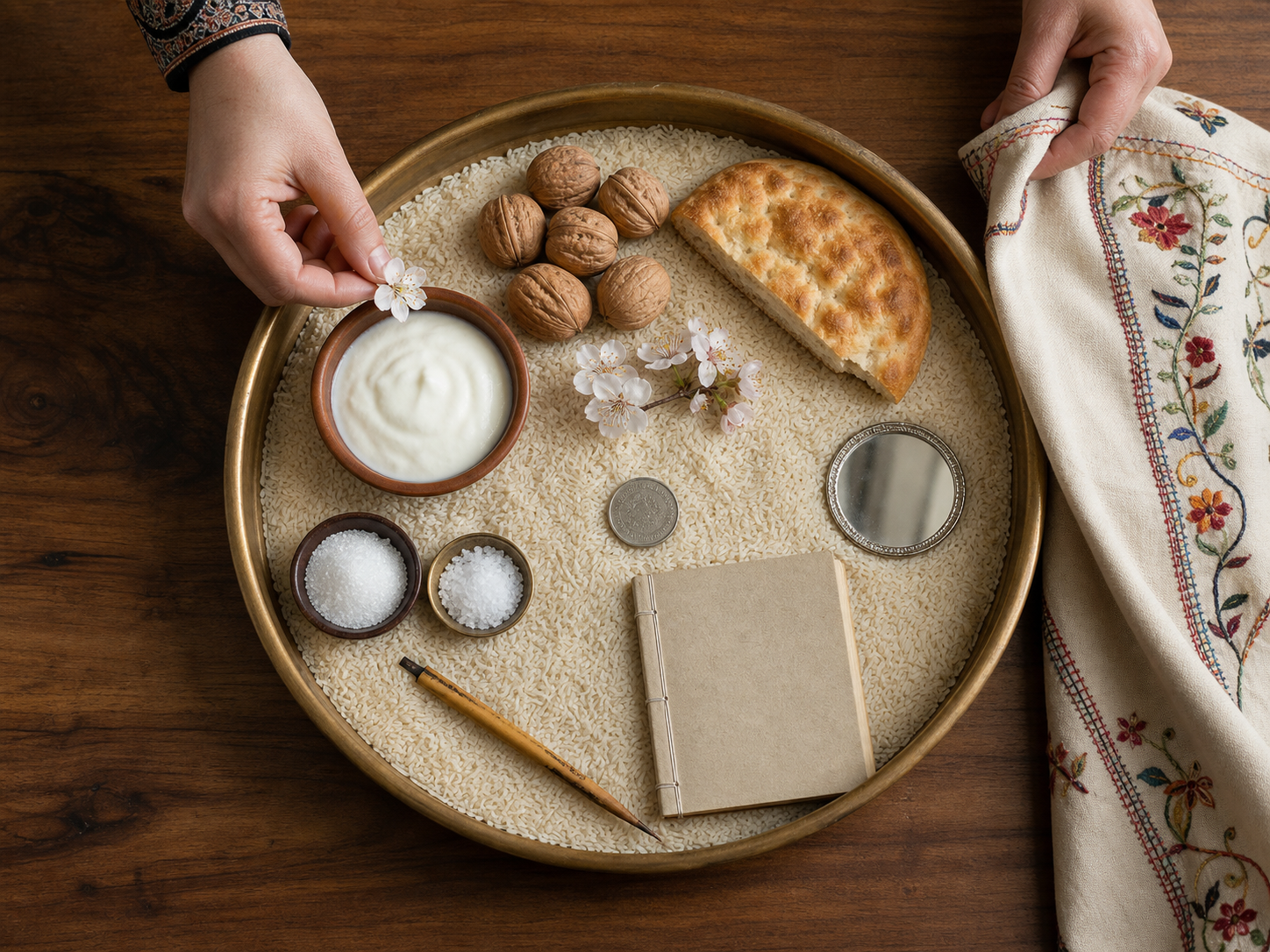An overhead view shows hands preparing a bronze Navreh thaal with rice, walnuts, yogurt, bread, small bowls, a coin, flowers, a mirror and a pen.