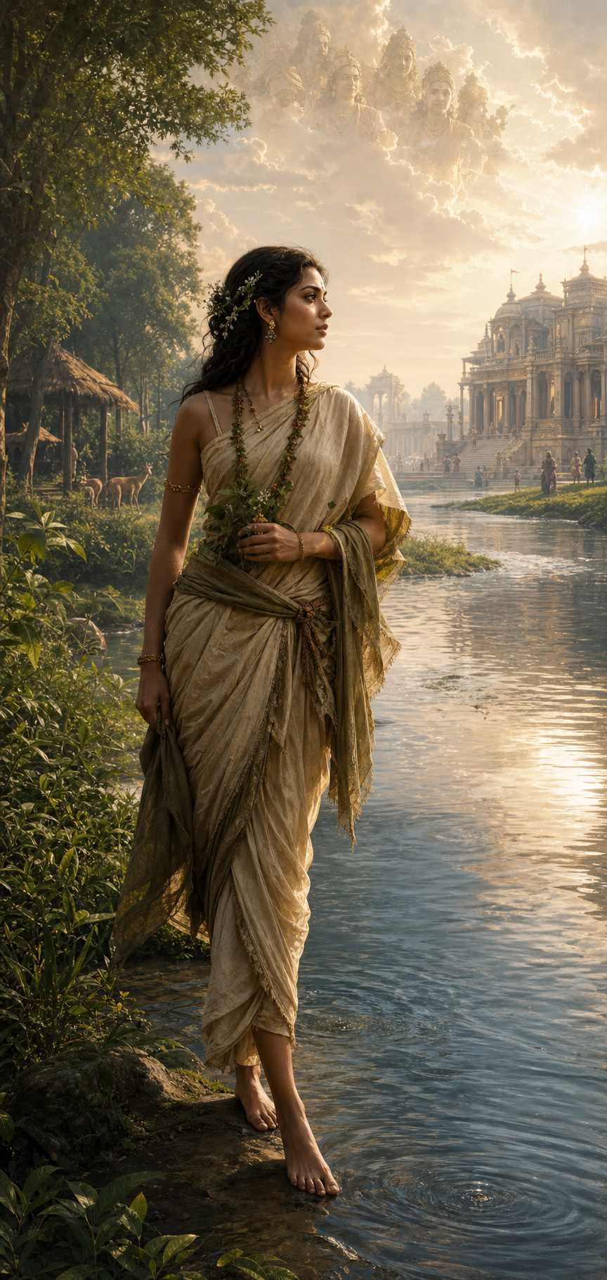 Shakuntala stands beside a forest river that flows toward a distant royal court, with clouds, a hermitage grove, and palace columns reflected in the water.