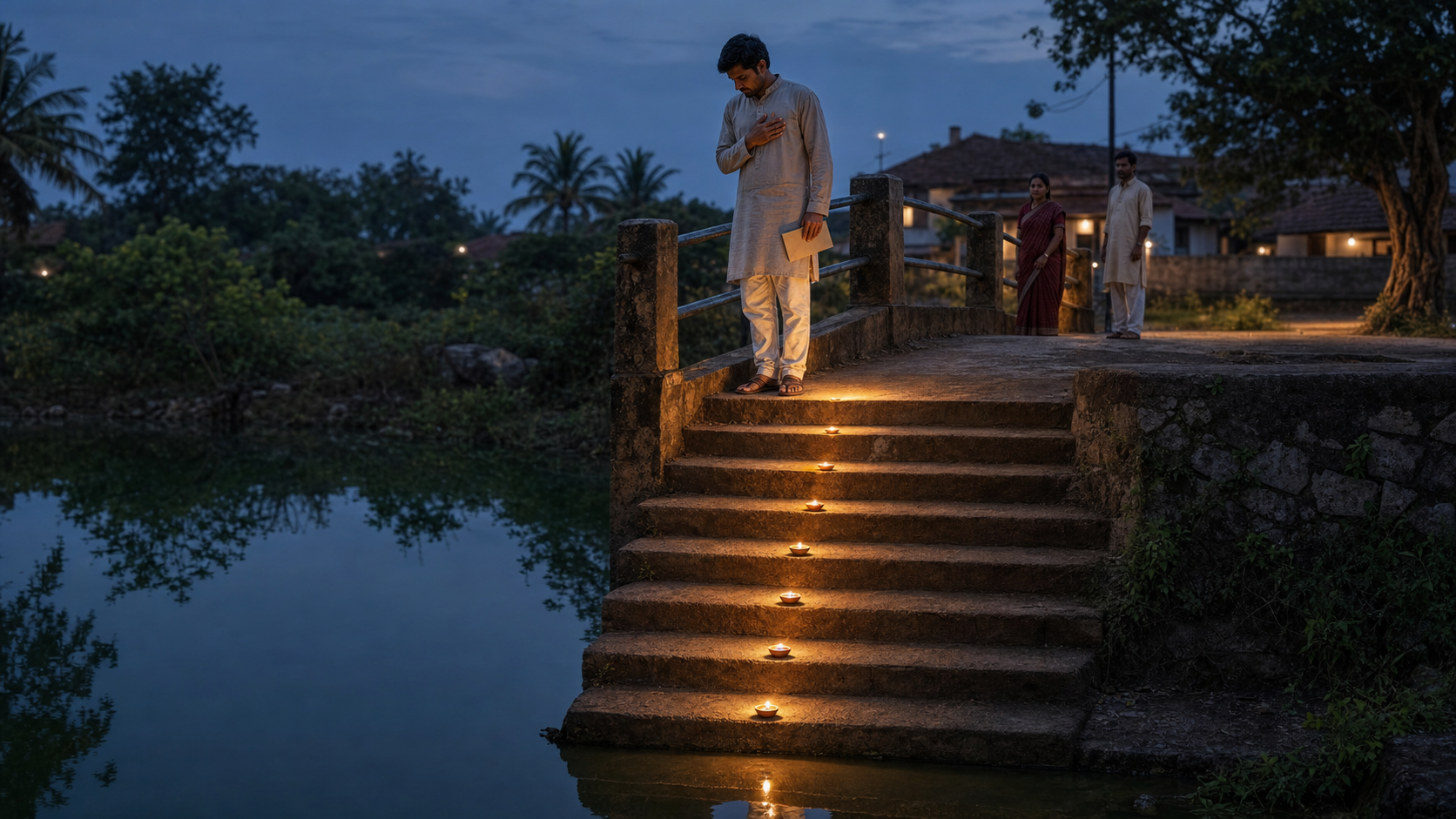 A person pauses with an unmarked message beside seven lamplit stone steps while two people wait beyond a footbridge.