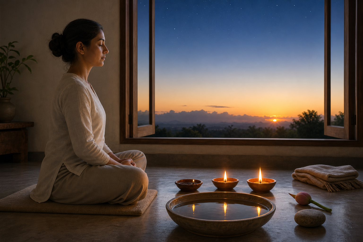 A seated practitioner meditates at dawn before three oil lamps in different stages of burning, reflected together in a bowl of water.