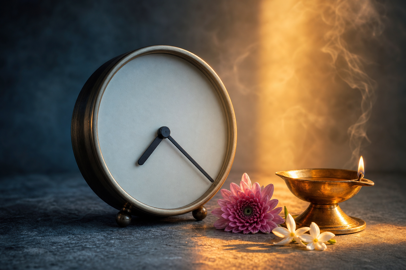 An unnumbered clock, brass lamp, and flowers are divided by a band of warm sunrise light and cool shadow.