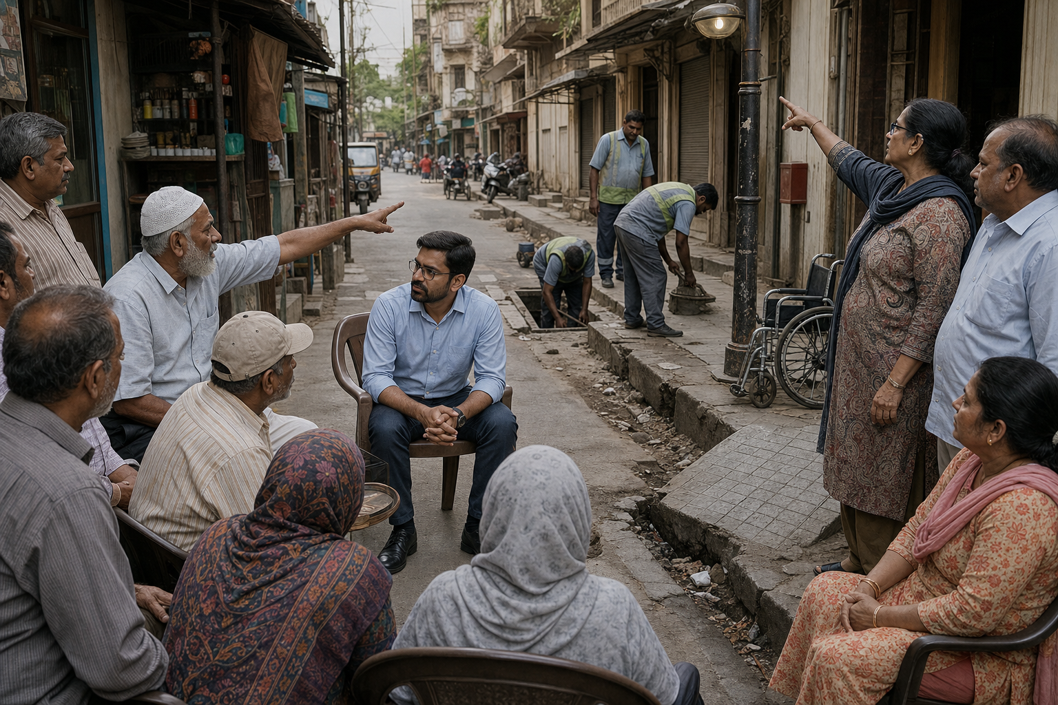 Residents discuss a damaged curb, drainage, street lighting, and wheelchair access with civic workers on an older Hyderabad commercial street.