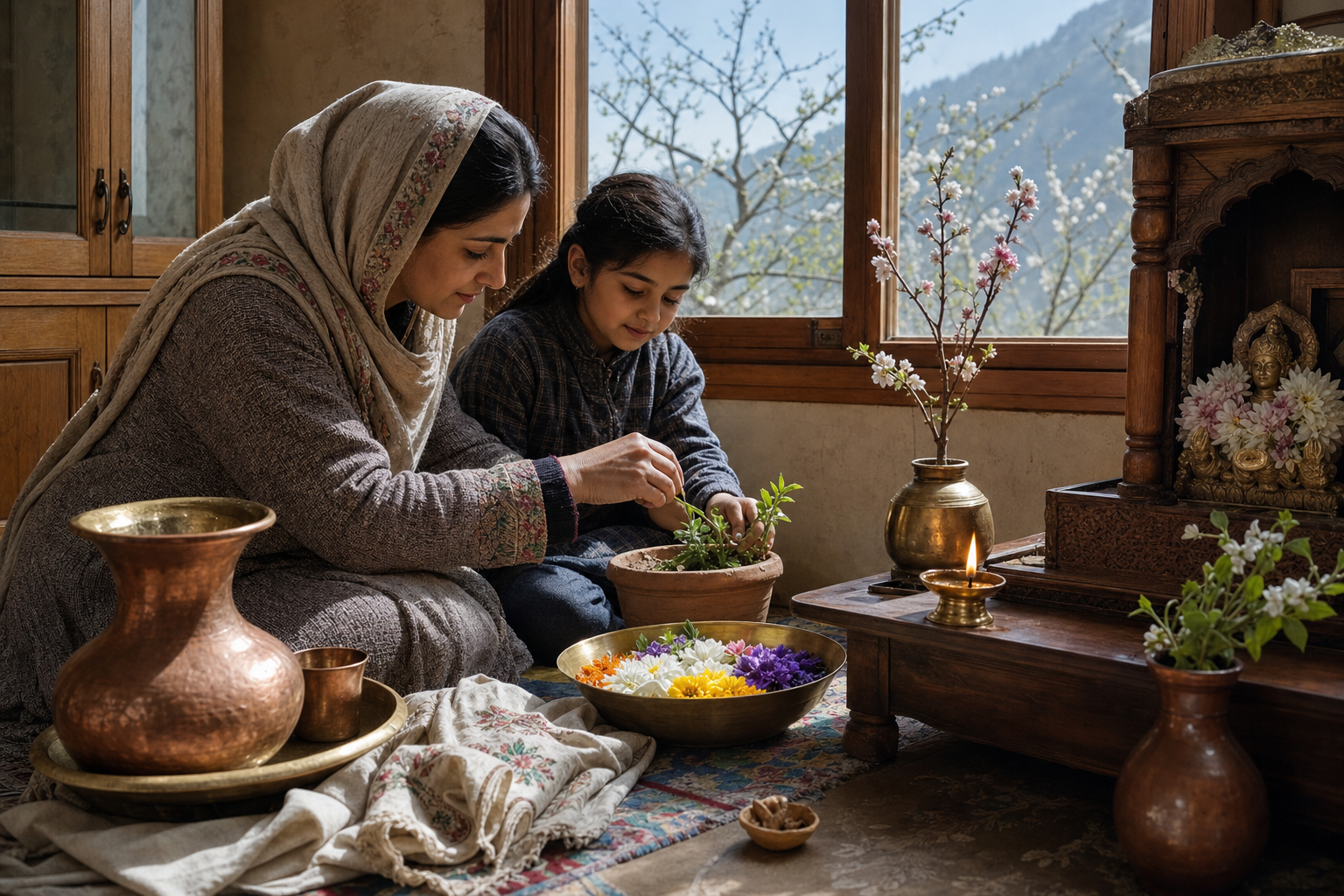 An adult and child tend a seedling and refresh flowers beside a simple home shrine with a brass lamp, fruit, water and a Navreh walnut shell.