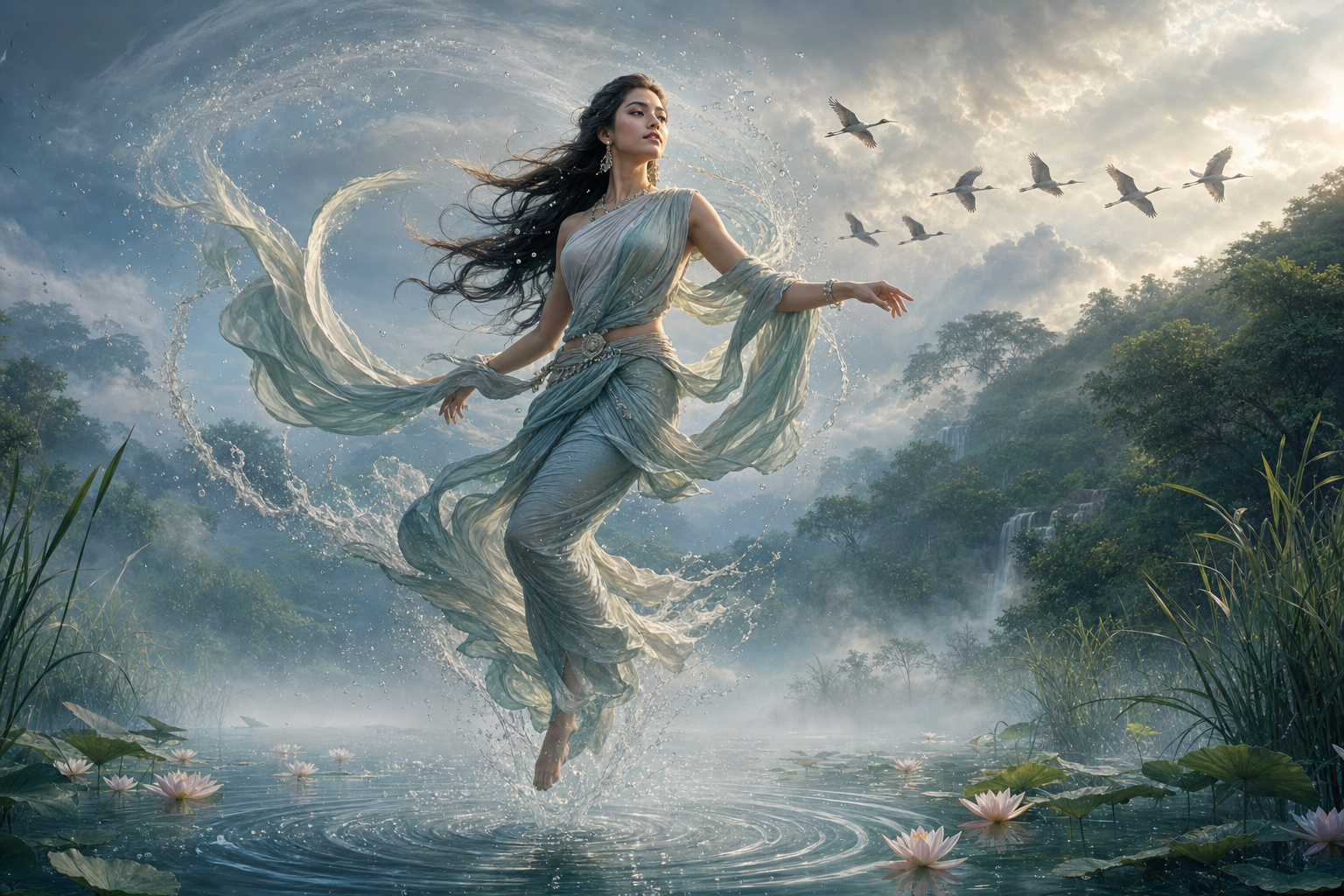 A celestial apsara moves through mist above a lotus pool as her garments, hair, water droplets, and reeds follow a spiraling current.