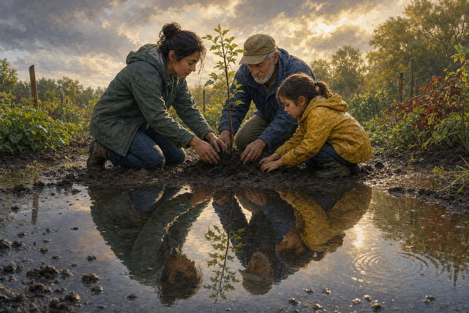 Three people work together to replant a young tree after rain, their figures reflected in a clear puddle.
