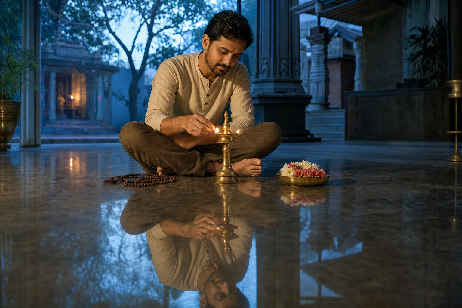 A devotee tends an oil lamp and flowers in a temple courtyard while a tense reflection appears on the polished floor.