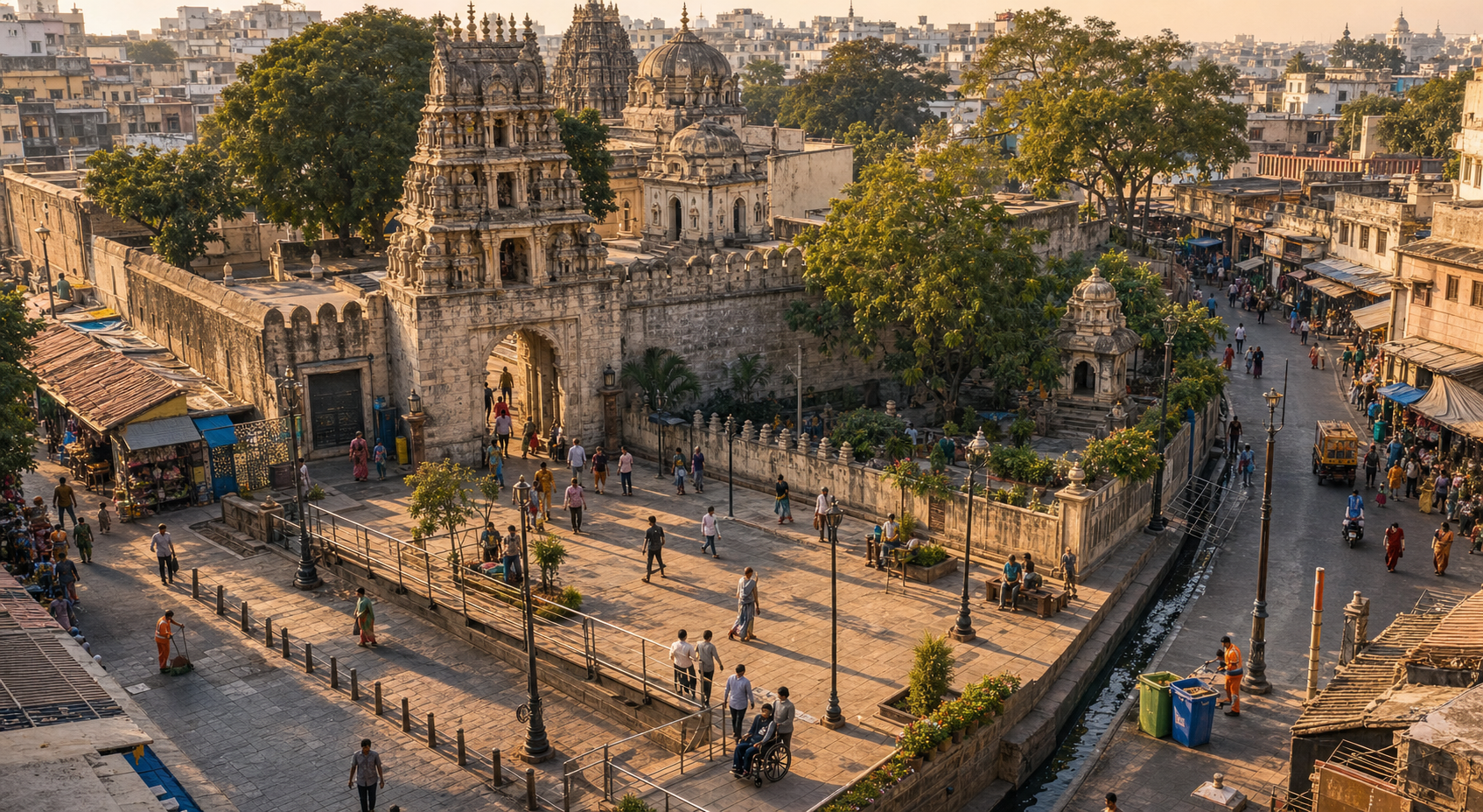 An oblique view of a Hyderabad temple precinct shows connected market lanes, pedestrian paths, drainage, vendor areas, maintenance crews, and visitors.