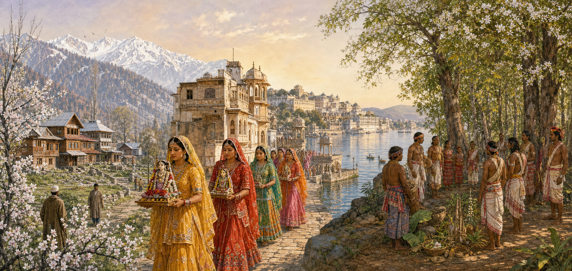 A panoramic illustration shows almond blossoms in a Kashmiri valley, a Gangaur procession beside Lake Pichola in Udaipur, and an Adivasi gathering beneath flowering sal trees.