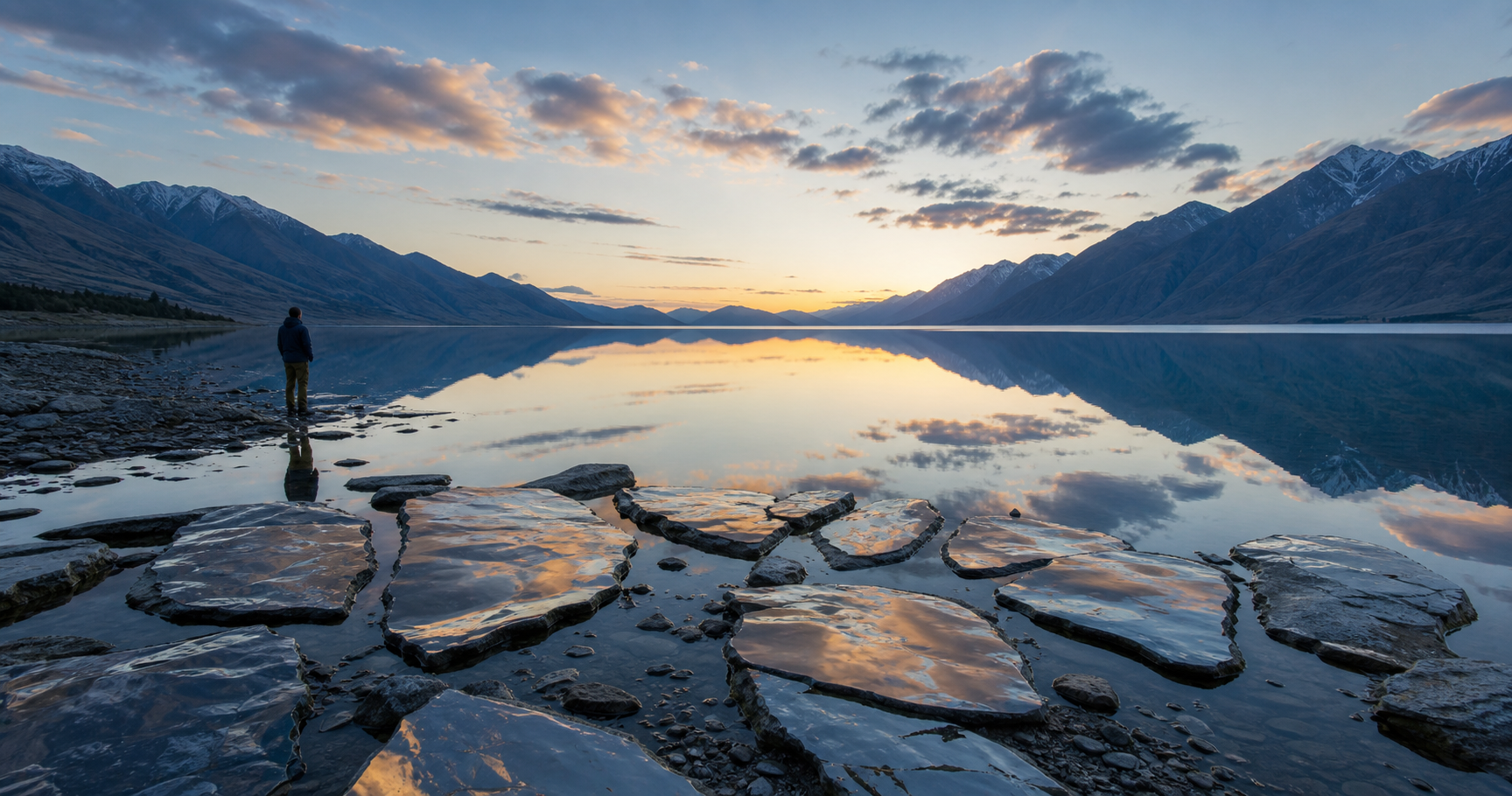 A solitary person stands beside a calm mountain lake, with fragmented reflections on stones in the foreground and a clear sky reflected in the water.