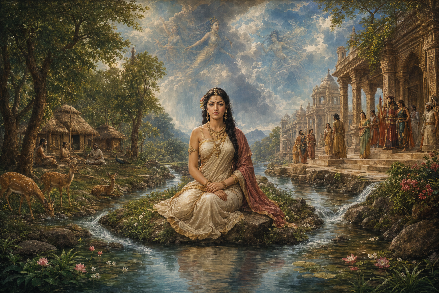 Shakuntala sits where streams from a forest hermitage, a celestial sky, and a pillared royal court merge into one pool.