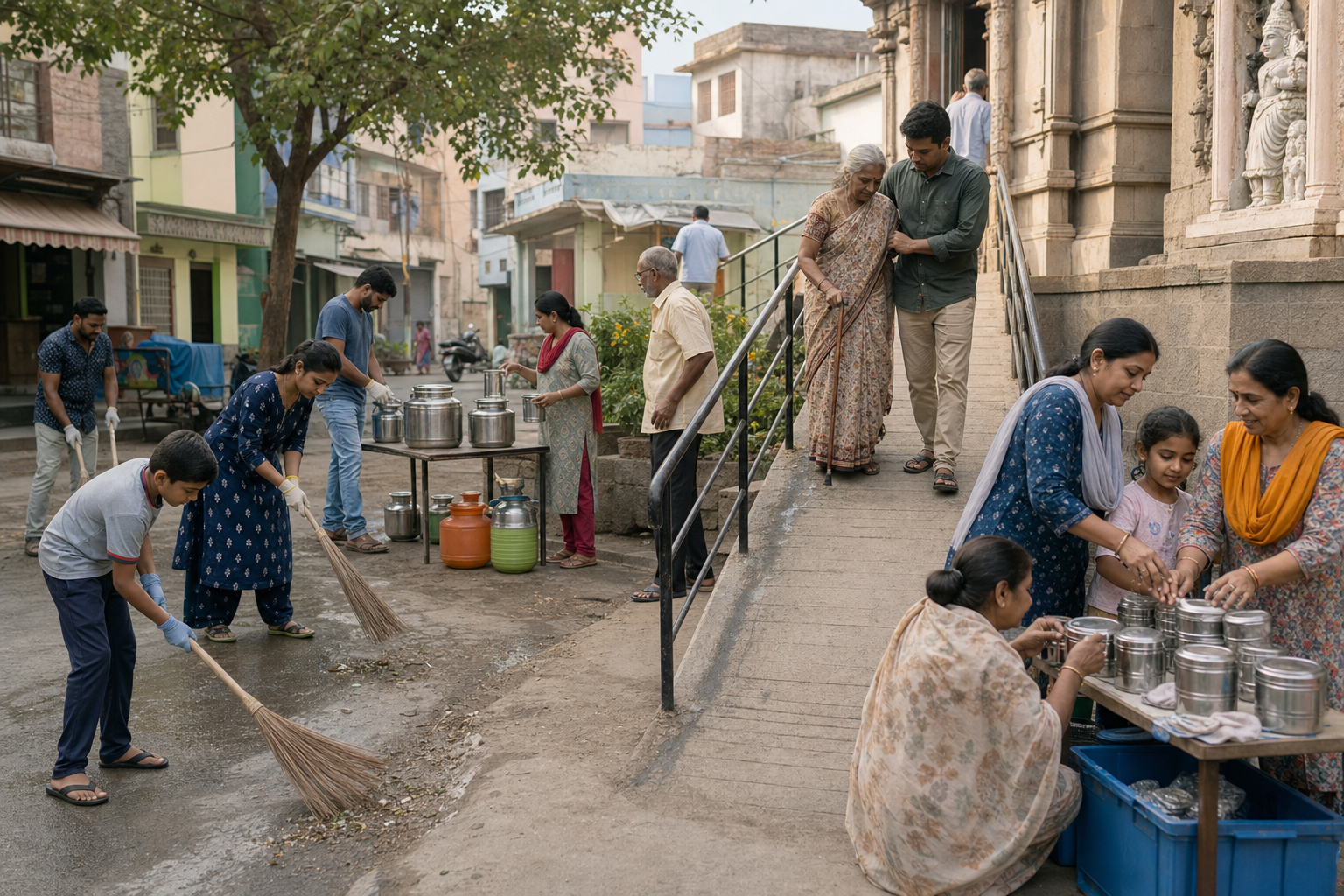 Volunteers and residents clean a lane, provide drinking water and food, and help an older visitor use an access ramp beside a Hyderabad temple courtyard.