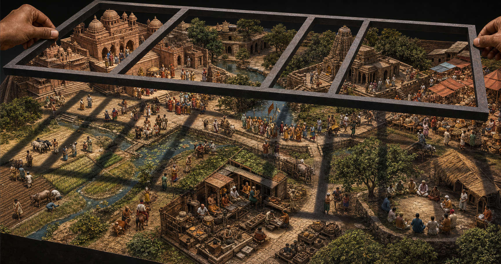 A metal frame casts rigid boxed shadows over an interconnected diorama of a court, market, temple courtyard, farms, roads, and village assembly.