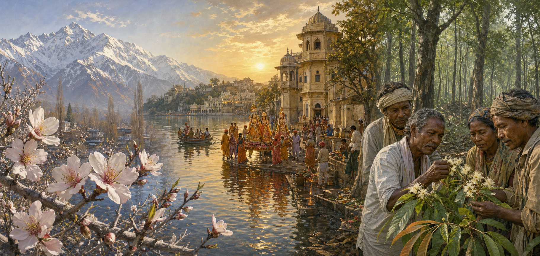 Three adjoining scenes show almond blossoms and snowy mountains in Kashmir, a procession approaching Lake Pichola in Udaipur, and elders observing sal flowers in an eastern Indian forest.