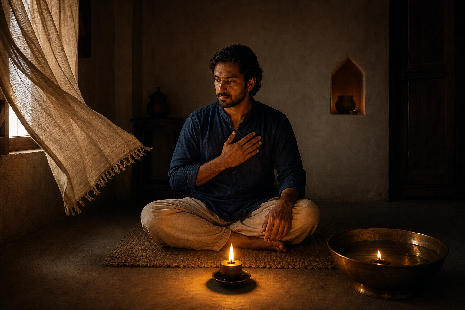 A seated practitioner observes a steady candle, a wavering reflection and a wind-stirred curtain in a dim meditation room.