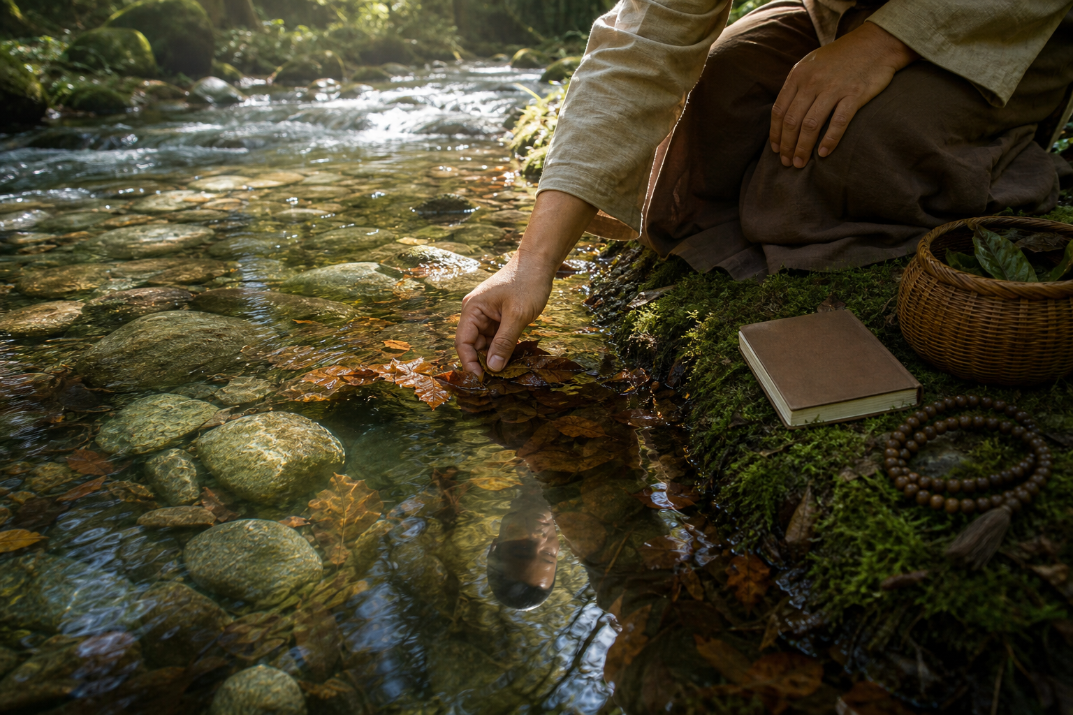 A practitioner clears leaves from a forest stream and looks through the water at smooth stones, with a plain book, prayer beads and a basket nearby.