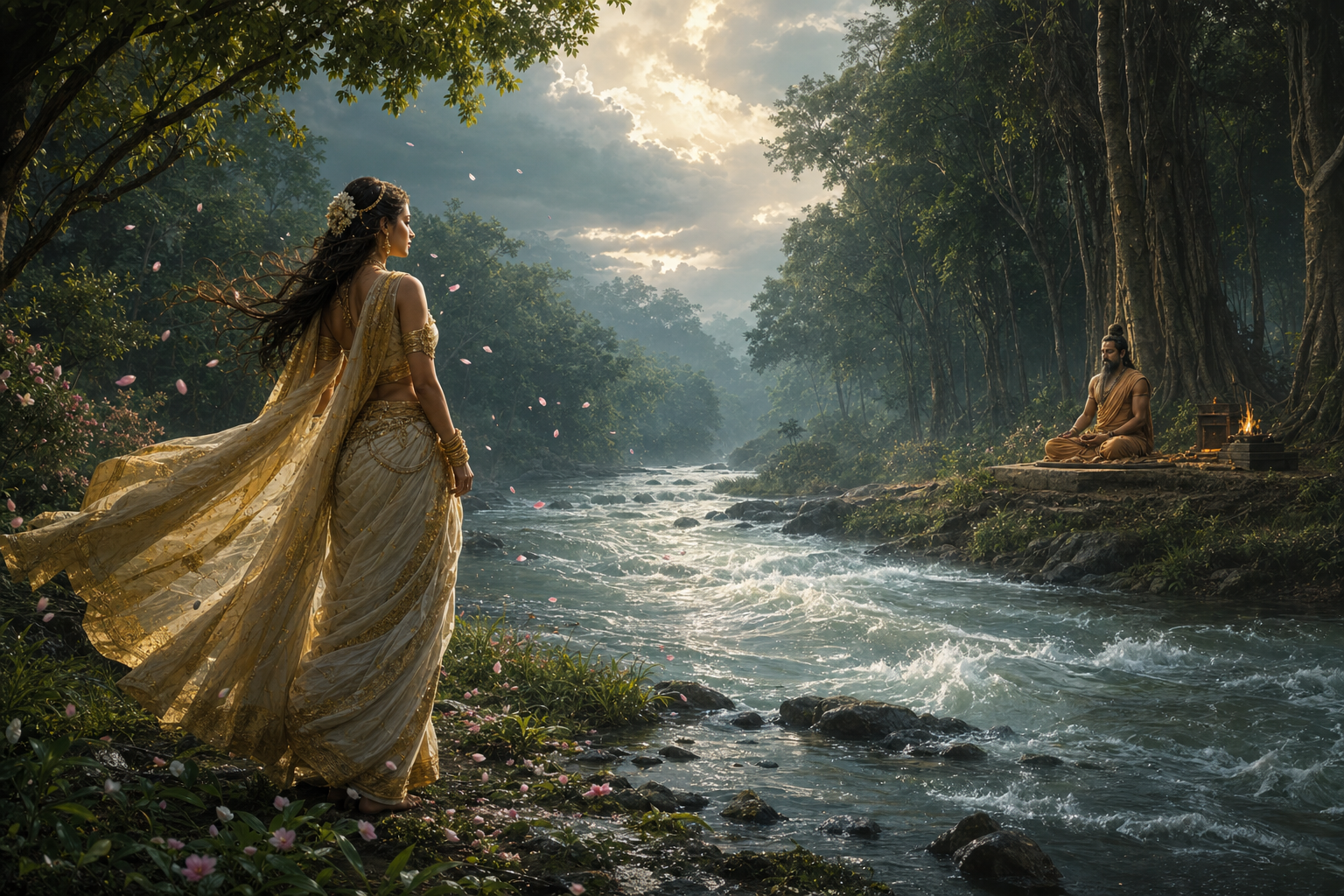 Menaka stands beside a moving forest river while Vishvamitra meditates across the water among still trees and a small fire altar.
