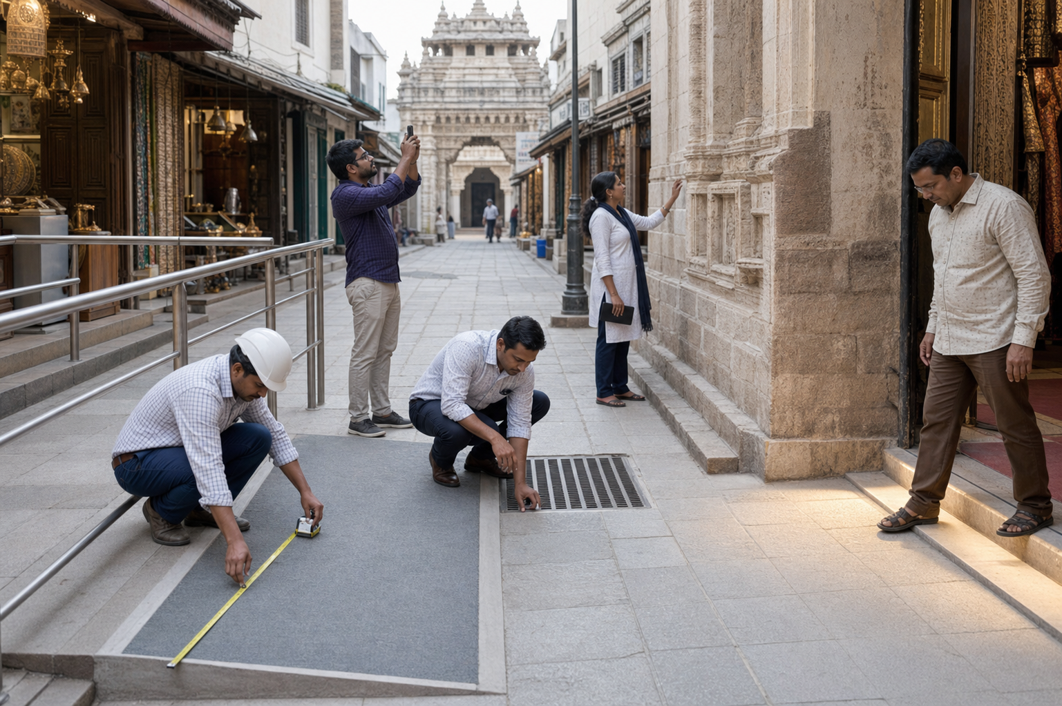 Residents, engineers, and conservation workers inspect an accessibility ramp, covered drain, street lighting, and repaired stonework in a Hyderabad heritage lane.