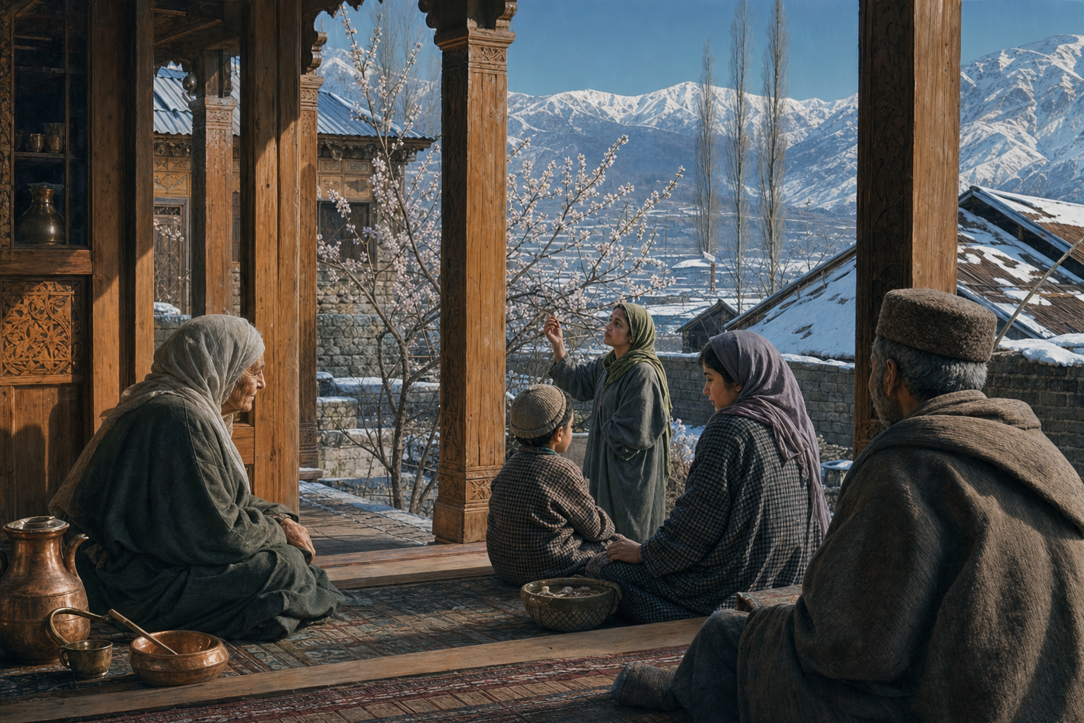 A Kashmiri family stands on a wooden veranda near an almond tree in bloom, with traditional homes and snow-covered mountains in the distance.