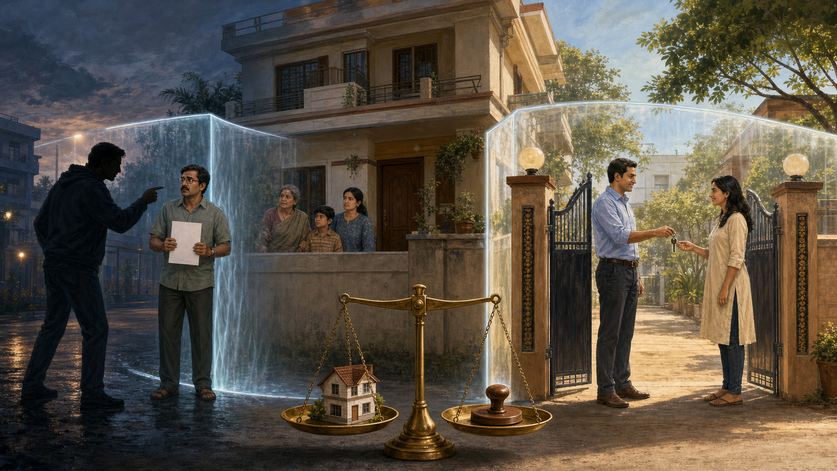 An Indian home is shielded from an intimidating figure while an open gateway allows a voluntary exchange of a house key on the other side.