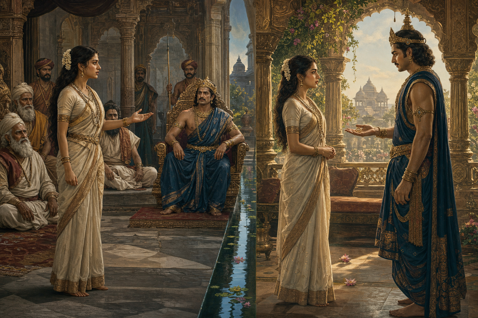 Two side-by-side court scenes show Shakuntala asserting her bond before an assembly and later facing Dushyanta as he holds a recovered ring.